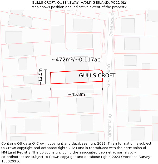 GULLS CROFT, QUEENSWAY, HAYLING ISLAND, PO11 0LY: Plot and title map