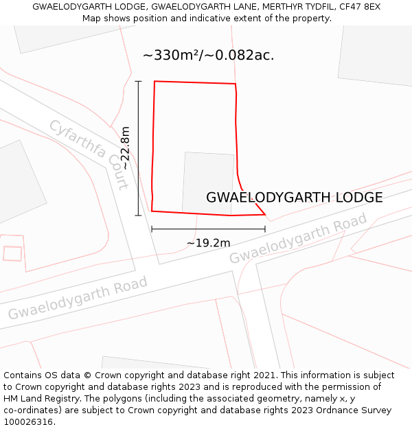 GWAELODYGARTH LODGE, GWAELODYGARTH LANE, MERTHYR TYDFIL, CF47 8EX: Plot and title map