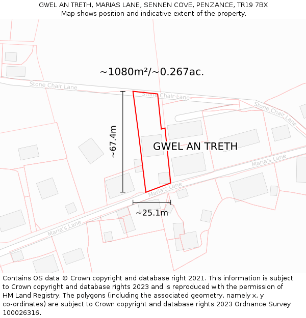 GWEL AN TRETH, MARIAS LANE, SENNEN COVE, PENZANCE, TR19 7BX: Plot and title map