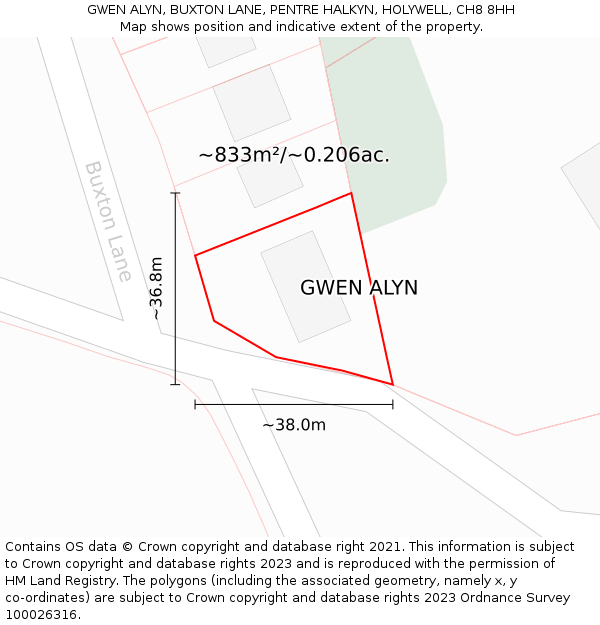 GWEN ALYN, BUXTON LANE, PENTRE HALKYN, HOLYWELL, CH8 8HH: Plot and title map