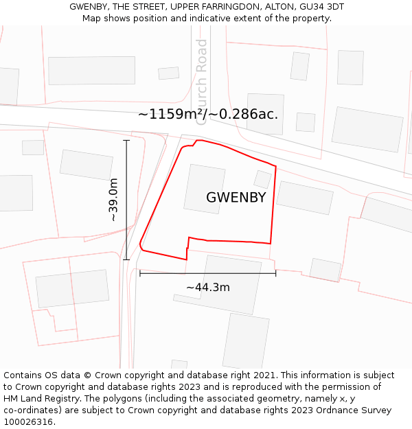 GWENBY, THE STREET, UPPER FARRINGDON, ALTON, GU34 3DT: Plot and title map