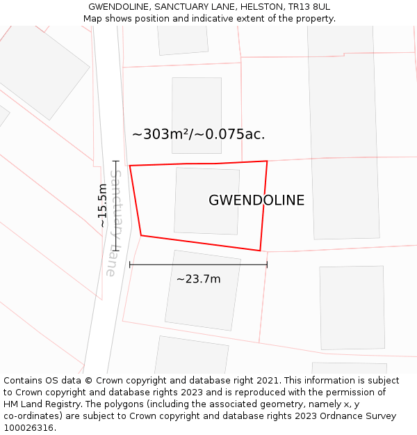 GWENDOLINE, SANCTUARY LANE, HELSTON, TR13 8UL: Plot and title map