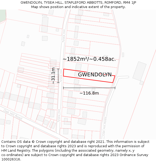 GWENDOLYN, TYSEA HILL, STAPLEFORD ABBOTTS, ROMFORD, RM4 1JP: Plot and title map