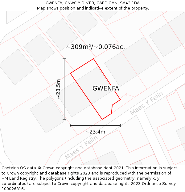 GWENFA, CNWC Y DINTIR, CARDIGAN, SA43 1BA: Plot and title map