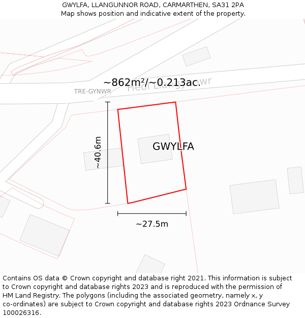 GWYLFA, LLANGUNNOR ROAD, CARMARTHEN, SA31 2PA: Plot and title map