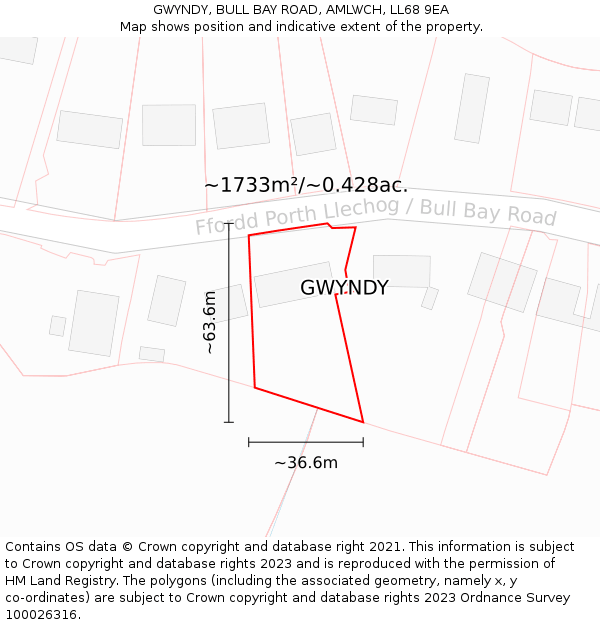 GWYNDY, BULL BAY ROAD, AMLWCH, LL68 9EA: Plot and title map