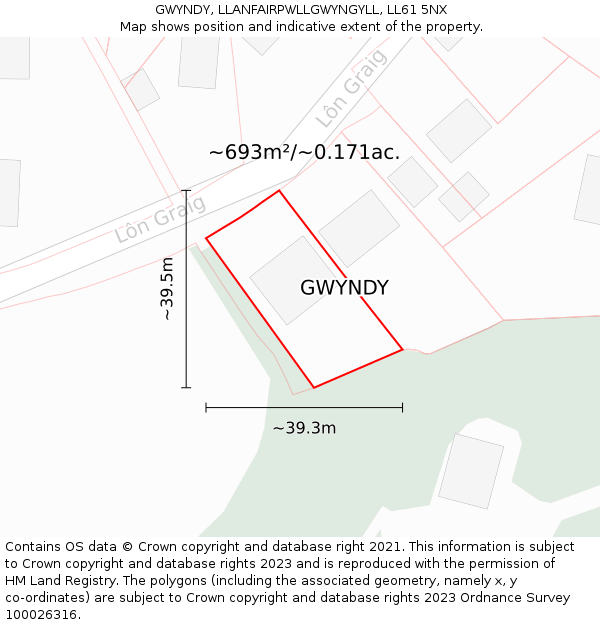 GWYNDY, LLANFAIRPWLLGWYNGYLL, LL61 5NX: Plot and title map