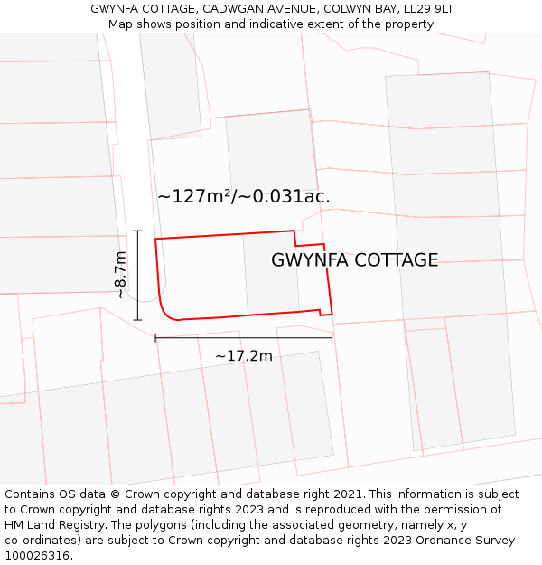 GWYNFA COTTAGE, CADWGAN AVENUE, COLWYN BAY, LL29 9LT: Plot and title map