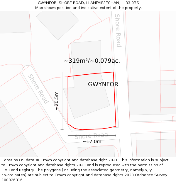 GWYNFOR, SHORE ROAD, LLANFAIRFECHAN, LL33 0BS: Plot and title map