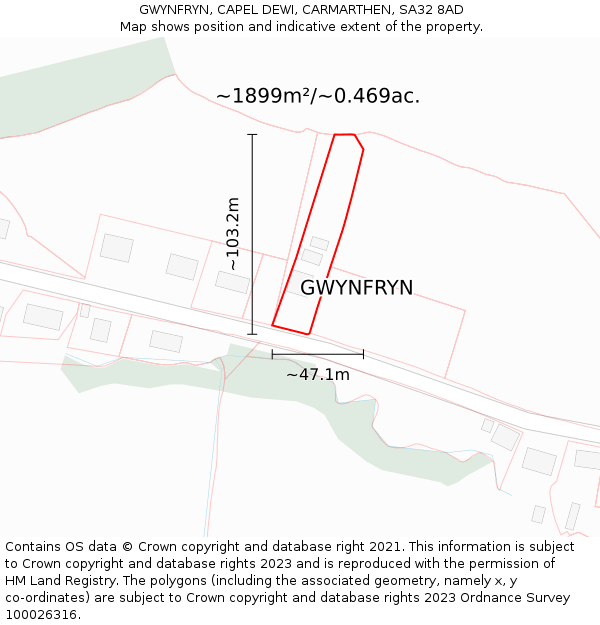 GWYNFRYN, CAPEL DEWI, CARMARTHEN, SA32 8AD: Plot and title map