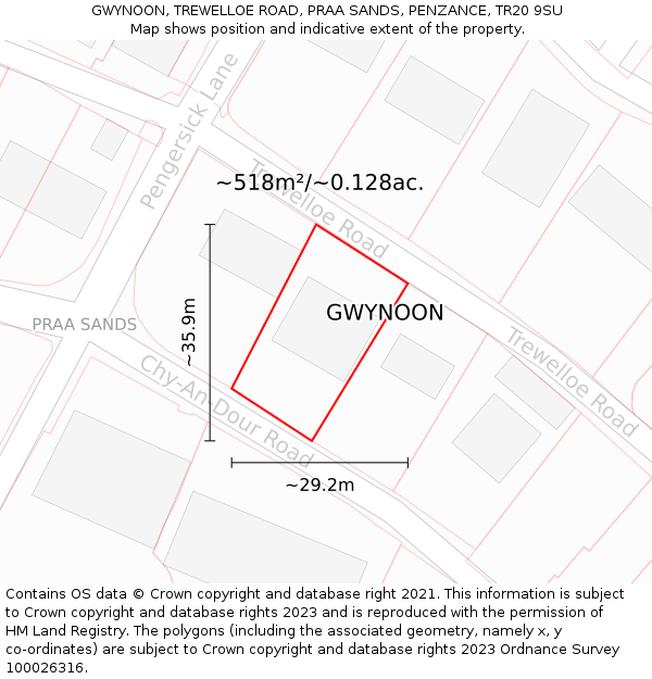 GWYNOON, TREWELLOE ROAD, PRAA SANDS, PENZANCE, TR20 9SU: Plot and title map