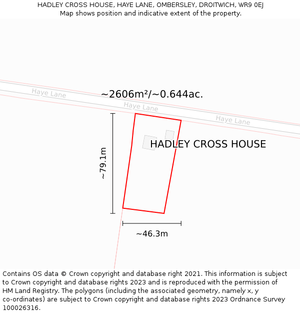 HADLEY CROSS HOUSE, HAYE LANE, OMBERSLEY, DROITWICH, WR9 0EJ: Plot and title map