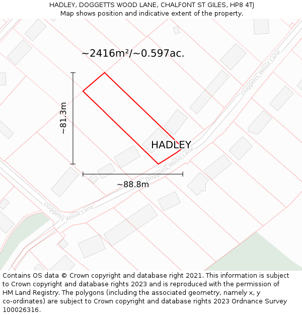 HADLEY, DOGGETTS WOOD LANE, CHALFONT ST GILES, HP8 4TJ: Plot and title map