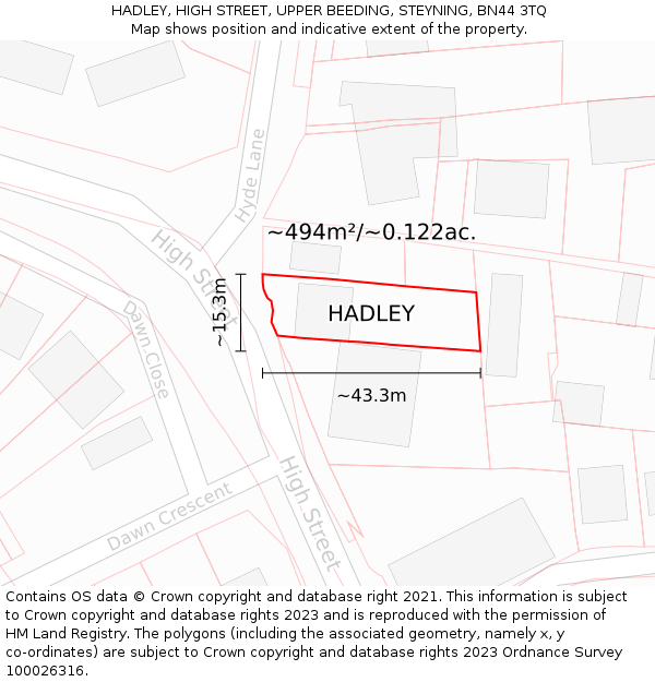 HADLEY, HIGH STREET, UPPER BEEDING, STEYNING, BN44 3TQ: Plot and title map
