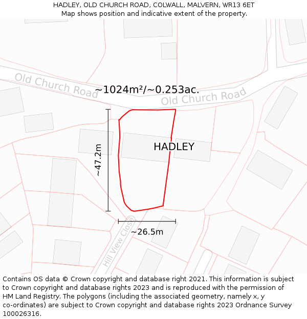 HADLEY, OLD CHURCH ROAD, COLWALL, MALVERN, WR13 6ET: Plot and title map