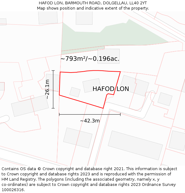 HAFOD LON, BARMOUTH ROAD, DOLGELLAU, LL40 2YT: Plot and title map
