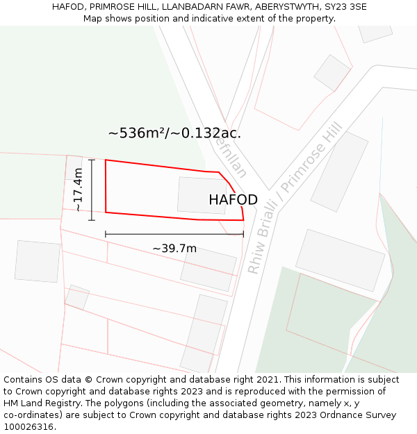 HAFOD, PRIMROSE HILL, LLANBADARN FAWR, ABERYSTWYTH, SY23 3SE: Plot and title map