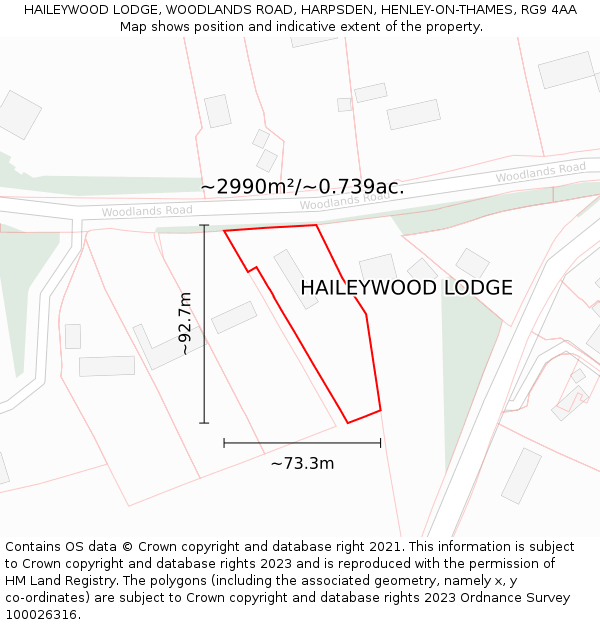 HAILEYWOOD LODGE, WOODLANDS ROAD, HARPSDEN, HENLEY-ON-THAMES, RG9 4AA: Plot and title map