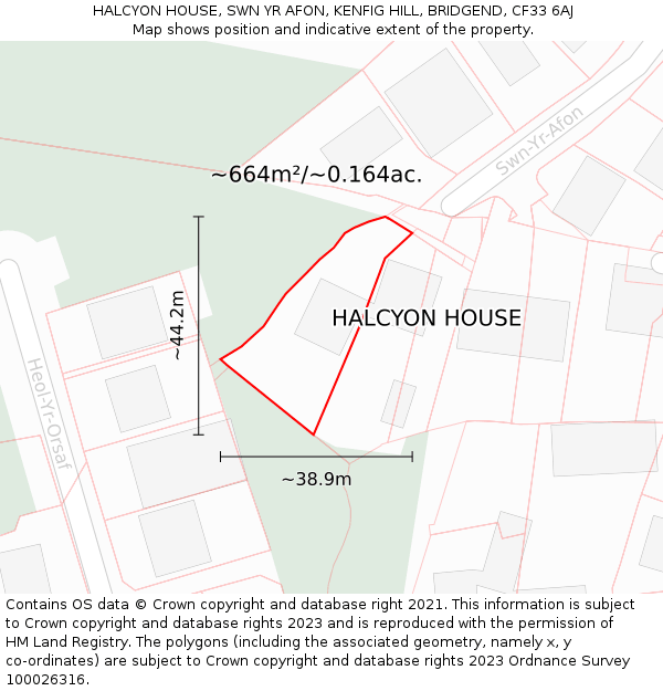 HALCYON HOUSE, SWN YR AFON, KENFIG HILL, BRIDGEND, CF33 6AJ: Plot and title map