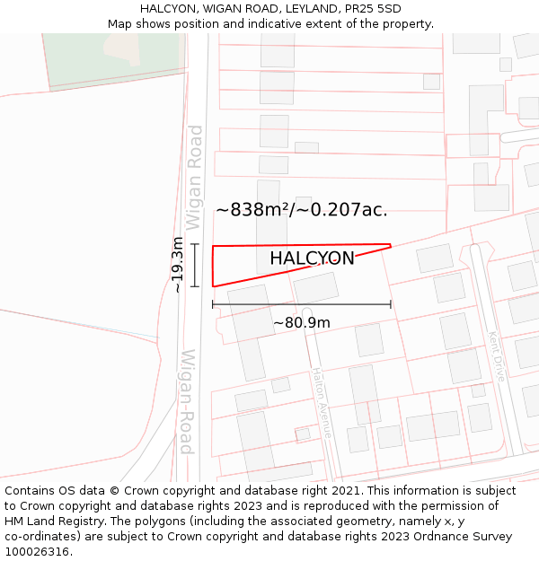 HALCYON, WIGAN ROAD, LEYLAND, PR25 5SD: Plot and title map