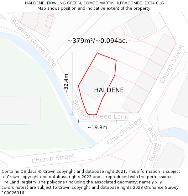 HALDENE, BOWLING GREEN, COMBE MARTIN, ILFRACOMBE, EX34 0LG: Plot and title map