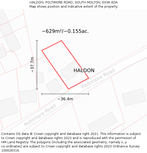 HALDON, POLTIMORE ROAD, SOUTH MOLTON, EX36 4DA: Plot and title map