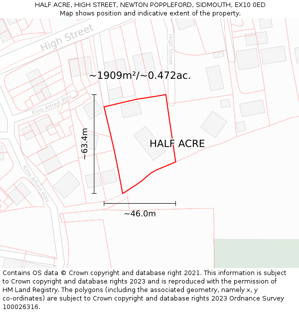 HALF ACRE, HIGH STREET, NEWTON POPPLEFORD, SIDMOUTH, EX10 0ED: Plot and title map
