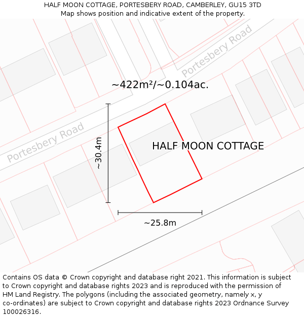 HALF MOON COTTAGE, PORTESBERY ROAD, CAMBERLEY, GU15 3TD: Plot and title map