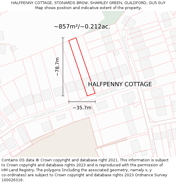 HALFPENNY COTTAGE, STONARDS BROW, SHAMLEY GREEN, GUILDFORD, GU5 0UY: Plot and title map