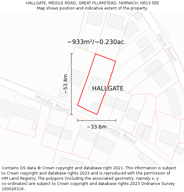 HALLGATE, MIDDLE ROAD, GREAT PLUMSTEAD, NORWICH, NR13 5EE: Plot and title map