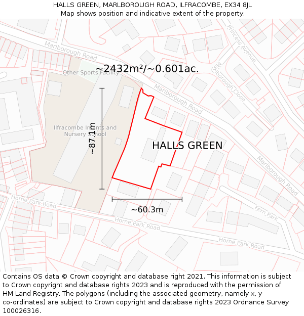 HALLS GREEN, MARLBOROUGH ROAD, ILFRACOMBE, EX34 8JL: Plot and title map