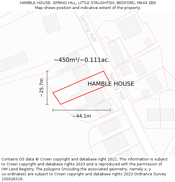 HAMBLE HOUSE, SPRING HILL, LITTLE STAUGHTON, BEDFORD, MK44 2BS: Plot and title map