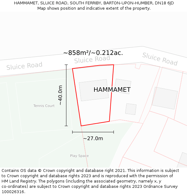 HAMMAMET, SLUICE ROAD, SOUTH FERRIBY, BARTON-UPON-HUMBER, DN18 6JD: Plot and title map