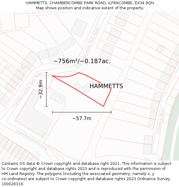 HAMMETTS, CHAMBERCOMBE PARK ROAD, ILFRACOMBE, EX34 9QN: Plot and title map