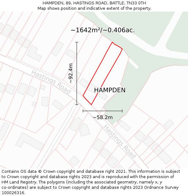 HAMPDEN, 89, HASTINGS ROAD, BATTLE, TN33 0TH: Plot and title map