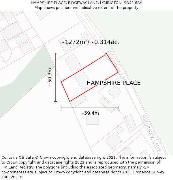 HAMPSHIRE PLACE, RIDGEWAY LANE, LYMINGTON, SO41 8AA: Plot and title map