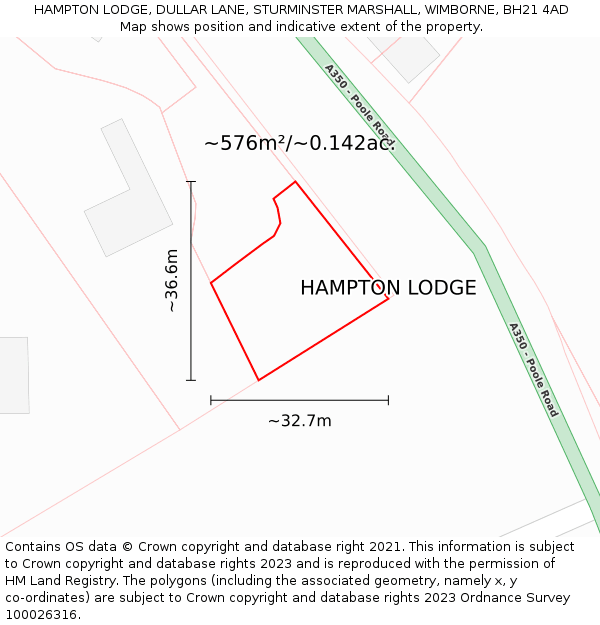 HAMPTON LODGE, DULLAR LANE, STURMINSTER MARSHALL, WIMBORNE, BH21 4AD: Plot and title map