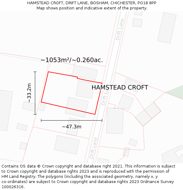 HAMSTEAD CROFT, DRIFT LANE, BOSHAM, CHICHESTER, PO18 8PP: Plot and title map