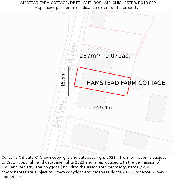 HAMSTEAD FARM COTTAGE, DRIFT LANE, BOSHAM, CHICHESTER, PO18 8PP: Plot and title map