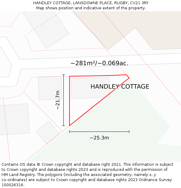 HANDLEY COTTAGE, LANSDOWNE PLACE, RUGBY, CV21 3RY: Plot and title map