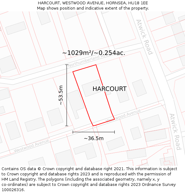 HARCOURT, WESTWOOD AVENUE, HORNSEA, HU18 1EE: Plot and title map