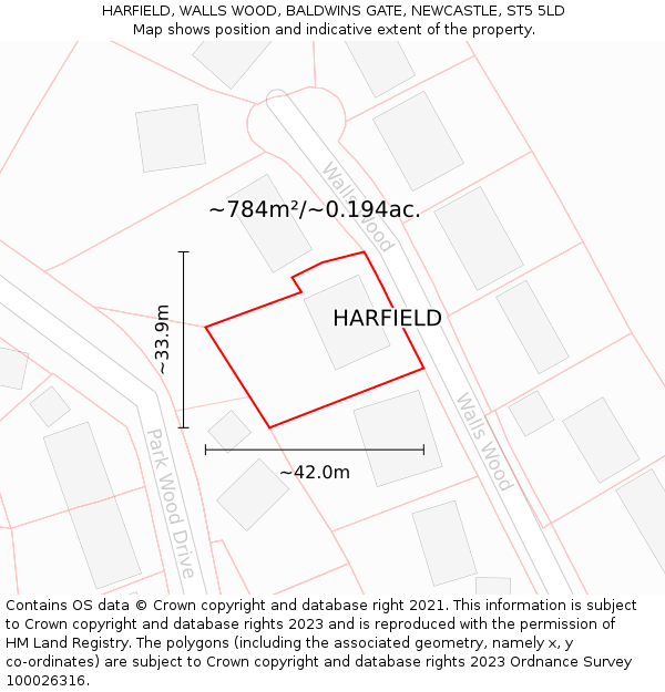 HARFIELD, WALLS WOOD, BALDWINS GATE, NEWCASTLE, ST5 5LD: Plot and title map