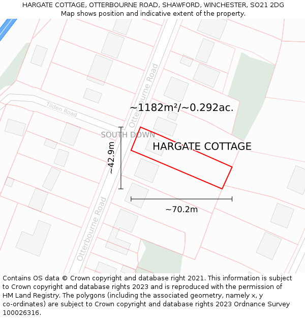 HARGATE COTTAGE, OTTERBOURNE ROAD, SHAWFORD, WINCHESTER, SO21 2DG: Plot and title map