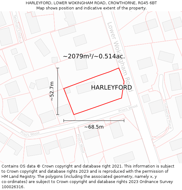 HARLEYFORD, LOWER WOKINGHAM ROAD, CROWTHORNE, RG45 6BT: Plot and title map