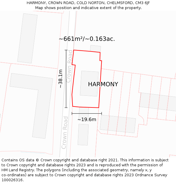 HARMONY, CROWN ROAD, COLD NORTON, CHELMSFORD, CM3 6JF: Plot and title map