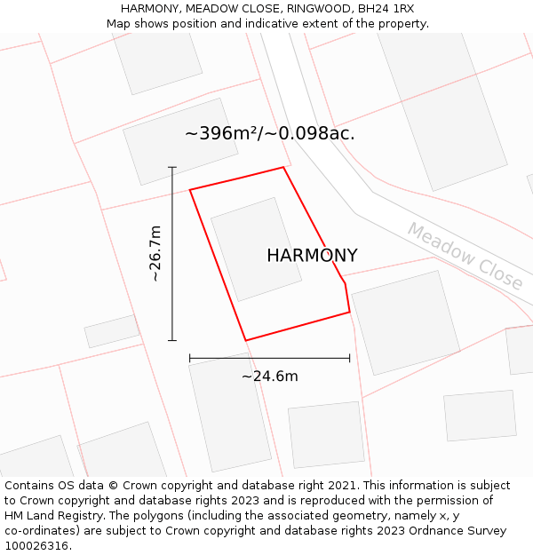 HARMONY, MEADOW CLOSE, RINGWOOD, BH24 1RX: Plot and title map