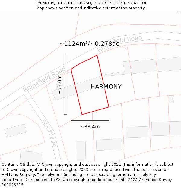 HARMONY, RHINEFIELD ROAD, BROCKENHURST, SO42 7QE: Plot and title map