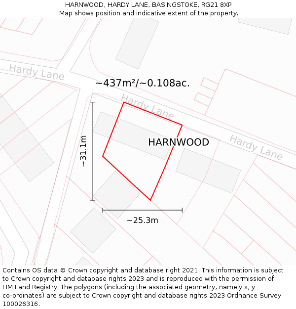 HARNWOOD, HARDY LANE, BASINGSTOKE, RG21 8XP: Plot and title map