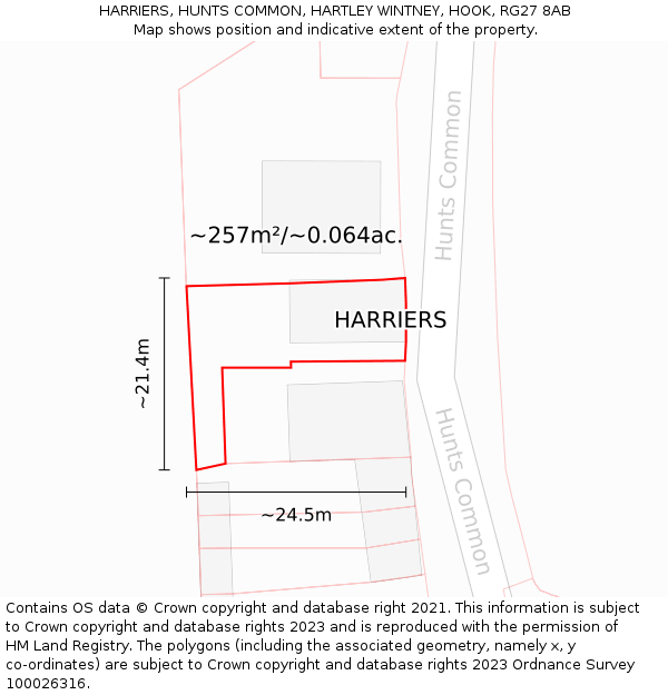 HARRIERS, HUNTS COMMON, HARTLEY WINTNEY, HOOK, RG27 8AB: Plot and title map