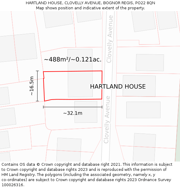 HARTLAND HOUSE, CLOVELLY AVENUE, BOGNOR REGIS, PO22 8QN: Plot and title map